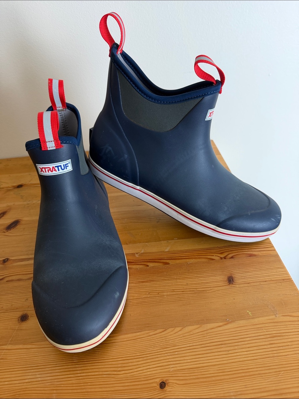Mens Navy Blue Slip-On Rain Boots with Red Trim